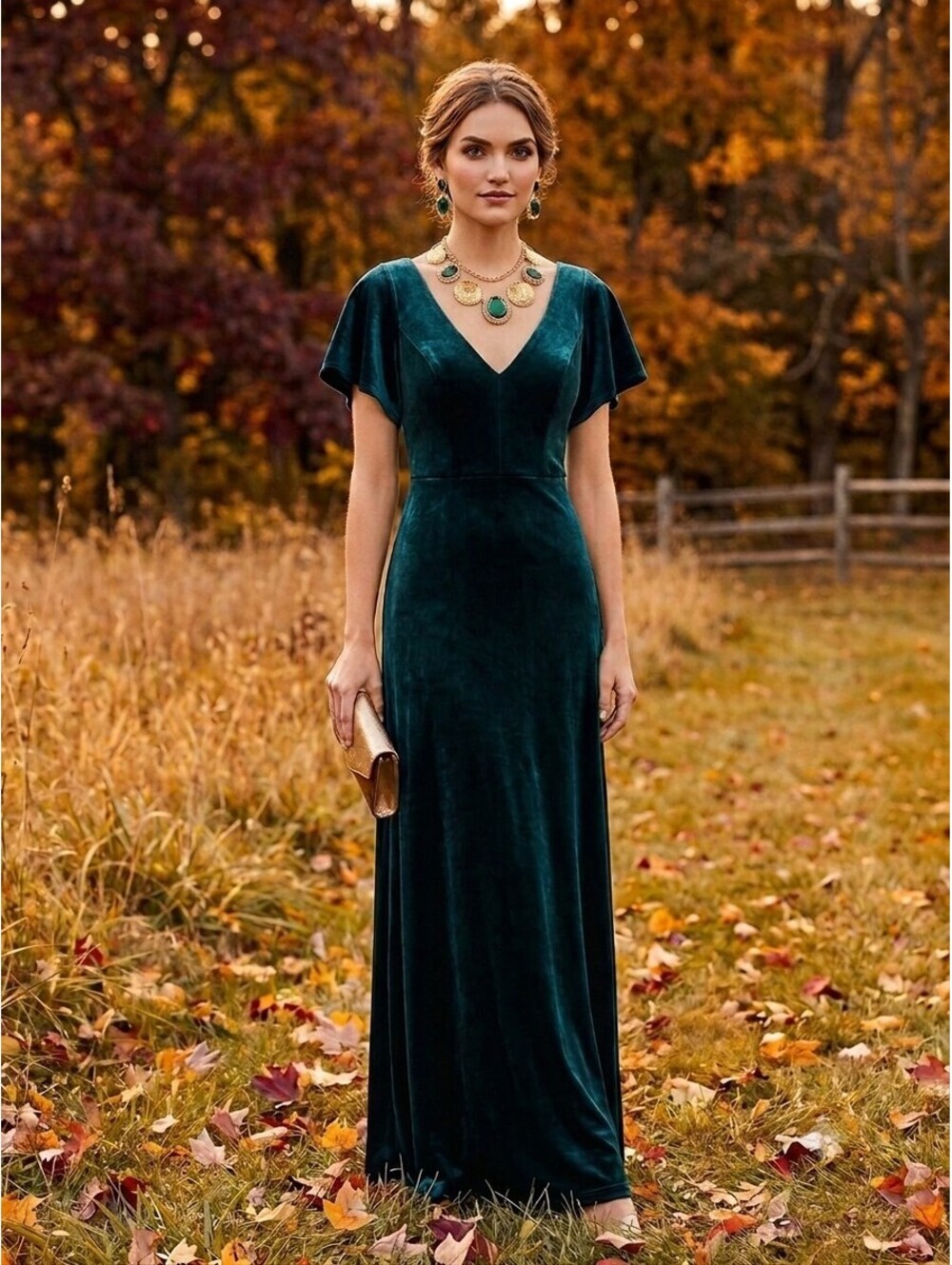 AW BRIDAL Dark Teal Emerald Green Velvet Maxi Dress Flutter Sleeve Open Back 4